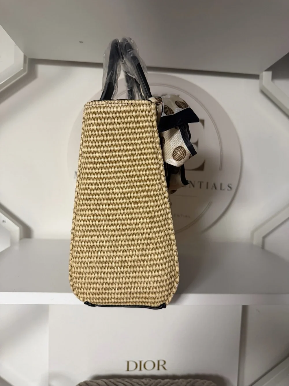 Woven Straw Top-Handle Bag with Scarf Accent - Beige